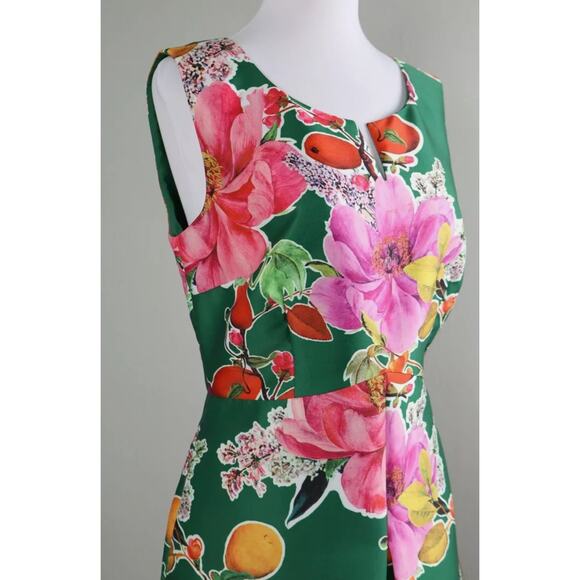 Talbots Vibrant Green Fruit Floral Print A Line Pleated Midi Dress 4 Petite - Picture 4 of 9
